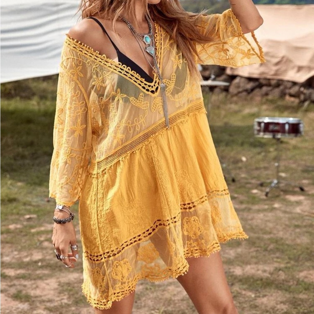 Boho Sheer Mesh Lace Deep V Neck Beach Swim Cover Up - Picture 13 of 16